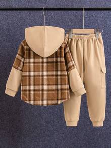 两件套男童休闲格子拼接连帽外套和运动裤套装，适合秋冬季穿着 - 彩色 - 查看 2