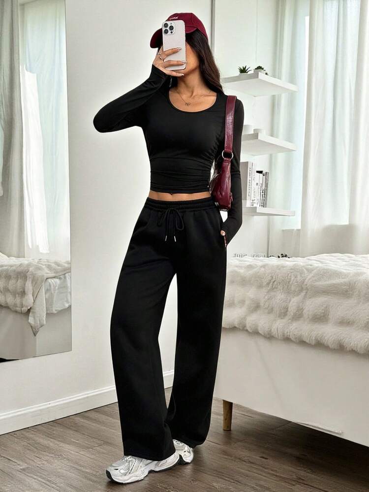 SHEIN PETITE 2pcs Women Solid Color Slim Fit Crew Neck Long Sleeve Top And Pants Set, Black, Petite, Autumn/Winter