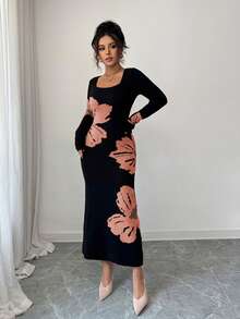 Elenzga Square Neck Jacquard Knit Bodycon Waist Sweater Dress - Orange - View 5