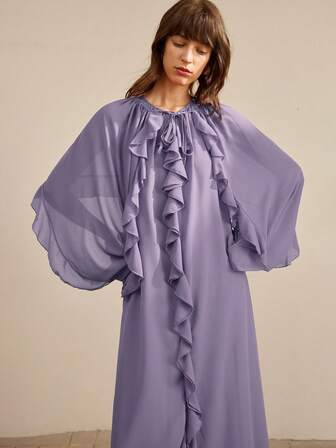 Ontre 2pcs Women's Autumn/Winter Chiffon Dress With Tie Front And Ruffle Hem, Loose Fit, Suitable For Urban Commute, Business, Casual, Vacation, Beach