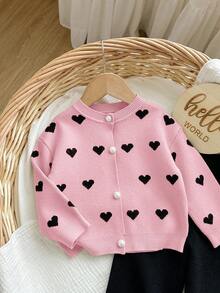 SHEIN 女婴心形图案针织开衫和针织裤休闲装，秋冬 - 粉色 - 查看 3