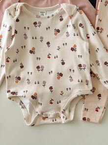 Newborn Baby Girl Cute Casual Ditsy Floral Elastic Knit Long Sleeve Bodysuit, Autumn/Winter