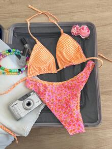 Swim Mod Springbreak 女式可爱性感印花双面三角比基尼泳装套装，侧系带泳裤，可调节两件套海滩度假装，波西米亚风 - 彩色 - 查看 2