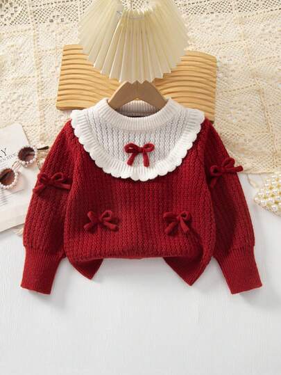 Genkimix Kids Young Girl' Thick Fashion Bow Decor Red Festive Knit Sweater, Long Sleeve Pullover For Autumn/Winter