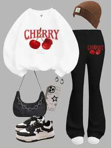 Conjunto de Moletom de Gola Careca Folgado e Calça Flare com Estampa de Cereja Vintage para Meninas Pré-Adolescentes, Adequado para Outono/Inverno, Looks de Outono, Conforto Fácil, Camadas de Outono para Crianças, Crianças Estilosas, Uso Casual, Roupas Gráficas Vintage para Crianças, Volta às Aulas, Roupas de Outono, Homecoming, Adequado para Uso Externo, Estilo de Rua, Casa, Festa