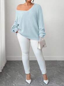 SHEIN Tall CURVE Plus Size Casual V-Neck Raglan Long Sleeve Pullover Sweater - Baby Blue - View 5