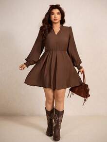 Elaquor Vestido casual de talla grande con cuello con muesca y unicolor retro - Café integral - Ver 6