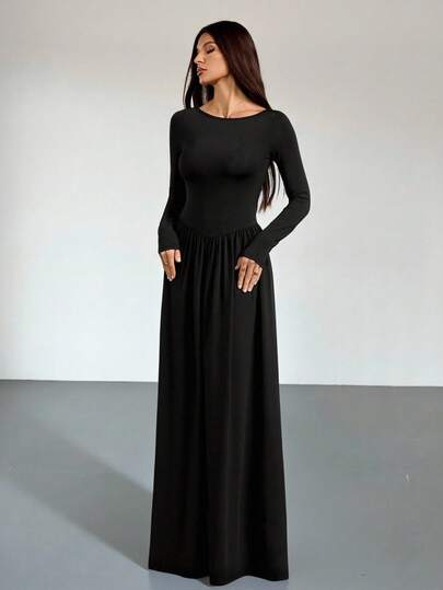 SHEIN Tall New V-Neck Long-Sleeved Black Dress, Tall Style, Slim Fit, Warm, Versatile, Suitable For Autumn And Winter Wear. Black Maxi Dress, Elegant Long Dress, With Pockets, Suitable For Women's Winter Wear. Black Dress, Suitable For Women To Wear For Thanksgiving And New Year's, Parties, Gatherings, Weddings, Commuting, Versatile.