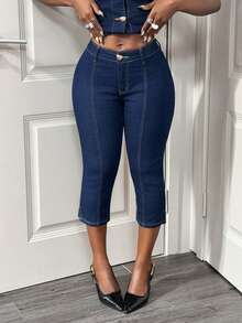 Slaydiva Women's Skinny Jeans, Low-Rise, Slim-Fit, Cropped, Dark Blue, Y2K Style, Street Fashion, Music Festival, Christmas, New Year, Valentine's Day. - Dark Wash - View 7