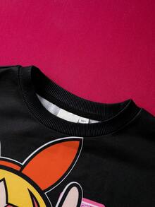 THE POWERPUFF GIRLS X SHEIN Váy nỉ dáng rộng cổ tròn hở vai họa tiết hoa và chữ lấp lánh, bong bóng, họa tiết hoa mao lương cho bé gái tuổi mới lớn, màu đen, thu/đông - màu đen - Xem 5