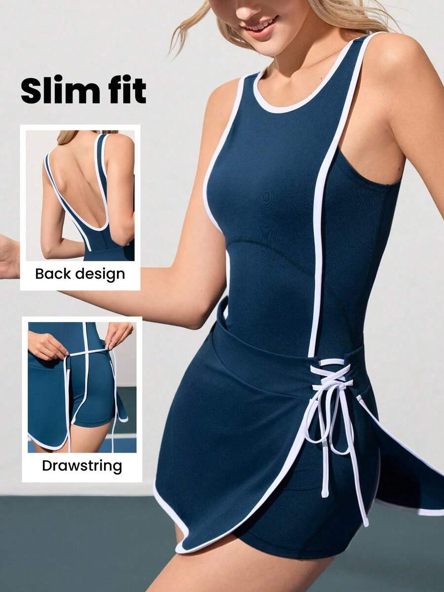 CourtClass 女式简约撞色边侧系带无袖运动连衣裙，夏季 - 藍色 - 查看 1