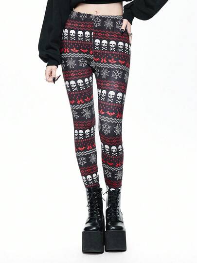 Gothic Style Christmas Skeleton, Bat, Spider Web, Snowflake, Iris Flower Print Women Elastic Leggings