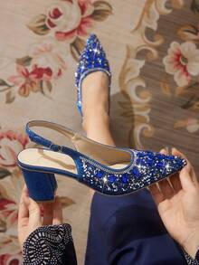CUCCOO TILAWA Damen Plateau-Absatz Schuhe mit Strass-Verzierung, spitzer Zehenbereich, Schlupf-Modell, geeignet für Ausflüge, Bankette, Partys und andere Anlässe - Blau - Übersicht 6