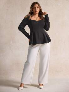 Elegantrix Blusa casual con cuello de corazón, cuello cuadrado y volantes en el bajo para mujer de talla grande - Negro - Ver 3