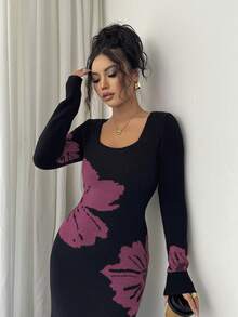 Elenzga Gaun Sweater Bodycon Rajut Jacquard Leher Persegi - Purple - View 6