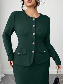 Elenzga 大码女士优雅纯色修身外套和鱼尾裙套装，春秋季 - 墨綠色 - 查看 6