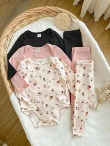 Newborn Baby Girl Cute Casual Ditsy Floral Elastic Knit Long Sleeve Bodysuit, Autumn/Winter