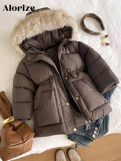 Sparklyn Young Girls Padded Coat, Casual Versatile All-Match Style, Brown Mid-Length Waist Cinched, Winter