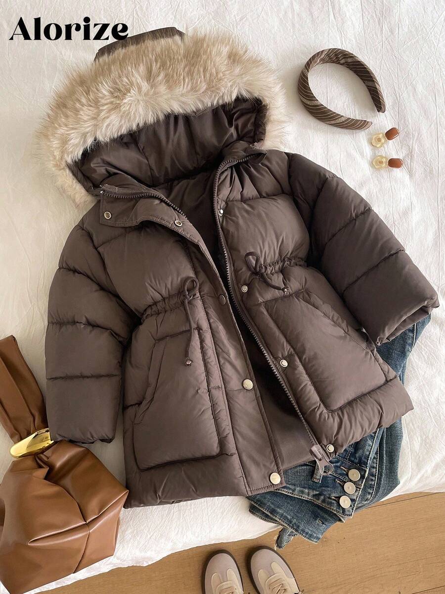 Sparklyn Young Girls Padded Coat, Casual Versatile All-Match Style, Brown Mid-Length Waist Cinched, Winter