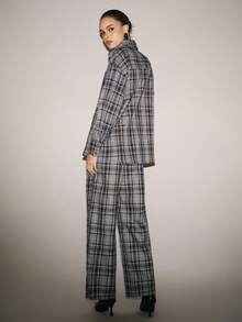 SHEIN Luminelle Bộ 2 món áo sơ mi dài tay ôm sát ve kẻ caro thường ngày + quần dài có túi xéo dành cho nữ - Màu xanh lam - Xem 2