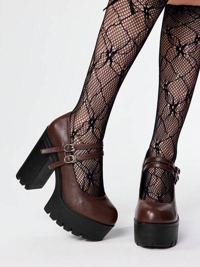 Goth Women's Sexy Thick Sole Chunky Heel Pumps, Spring/Autumn Fashion Solid Color Metal Double Strap Buckle High Heel Mary Jane Shoes