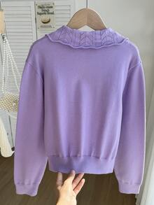 SHEIN Tween Girls' Casual Solid Color Knit Sweater, Autumn/Winter - Purple - View 2