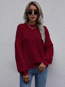 SHEIN LUNE Women's Solid Color Drop Shoulder Long Sleeve Loose Casual Pullover Sweater, Autumn/Winter - Red - View 3