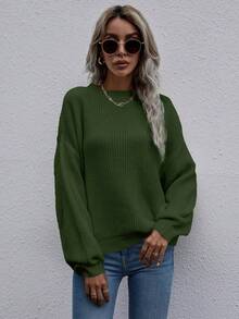 SHEIN LUNE Casual Solid Color Dropped Shoulder Loose Knit Sweater, Autumn/Winter - Green - View 6