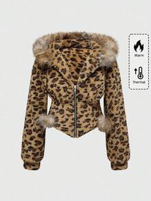 ROMWE Grunge Punk Y2K Subculture 复古修身豹纹连帽运动衫，搭配复古花卉印花和水钻装饰 - 彩色 - 查看 1