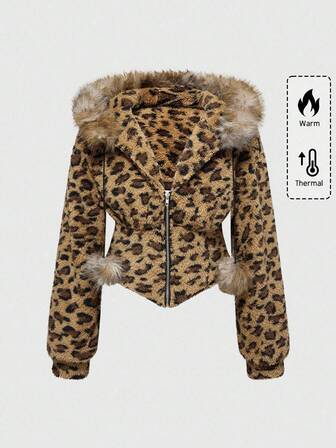 Grunge Punk Sudadera con capucha ajustada con estampado de leopardo de la subcultura Y2K, con estampado floral vintage y adornos de rhinestone