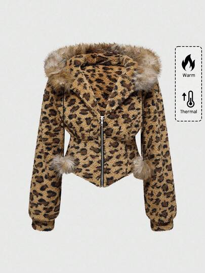 Grunge Punk Y2K Subculture Retro Fitted Leopard Print Hooded Sweatshirt With Vintage Floral Print And Rhinestone Embellishment