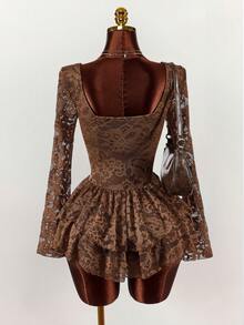 Y2K Amplova Women's Long Sleeve Mini Dress, Lace Long Sleeve Asymmetrical Hem Sexy Minimalist Bust Ruched Mini Dress, Suitable For Dates, Comes With Underpants To Prevent Exposure Simeon Slay Diva Dress Ronhire Coffee Brown Dress Brown Romper Women Christmas Outfit For Women New Year Dress Brown Sexy Dress - Coffee - View 2