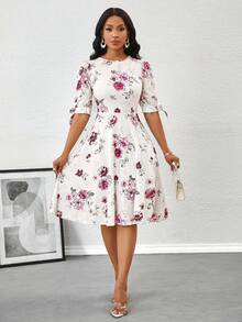 SHEIN Lady 女士碎花圆领泡泡袖中长连衣裙，优雅夏季连衣裙，女士碎花连衣裙，优雅印花连衣裙 - 白色 - 查看 3