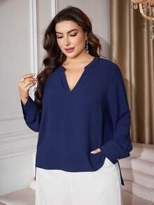 Modelyn Chemise décontractée à manches longues et col en V de couleur unie pour femmes grandes tailles - Bleu azur - Voir 3
