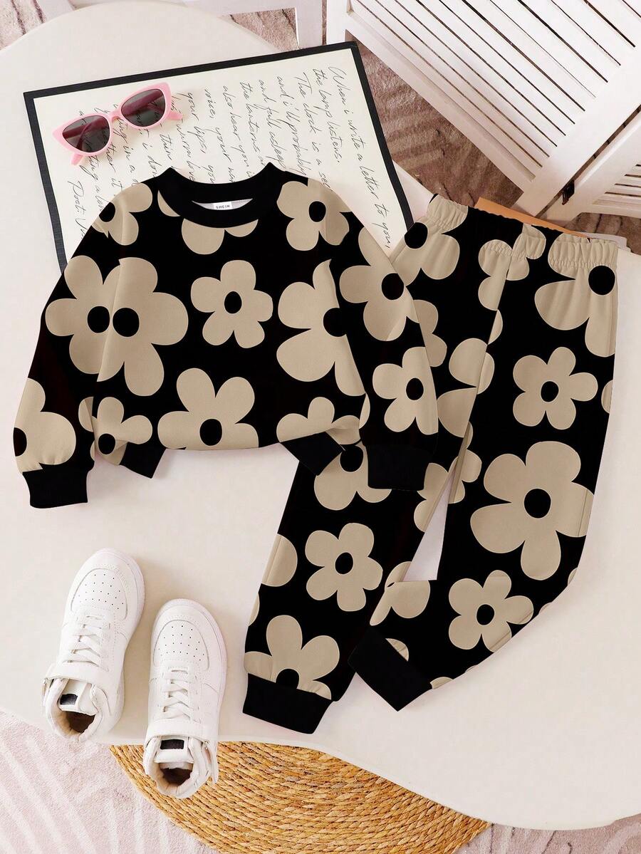 SHEIN Playful Pals 一套女童印花圆领卫衣上衣和印花运动裤套装,秋冬女童休闲印花套头卫衣和裤子两件套 - 彩色 - 查看 1