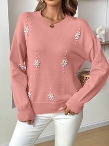SHEIN LUNE 休闲柔软珍珠装饰女式毛衣 - 藕粉色 - 查看 4