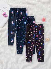 SHEIN 女婴可爱休闲百搭针织夜光图案松紧腰裤 - 黑色 - 查看 2