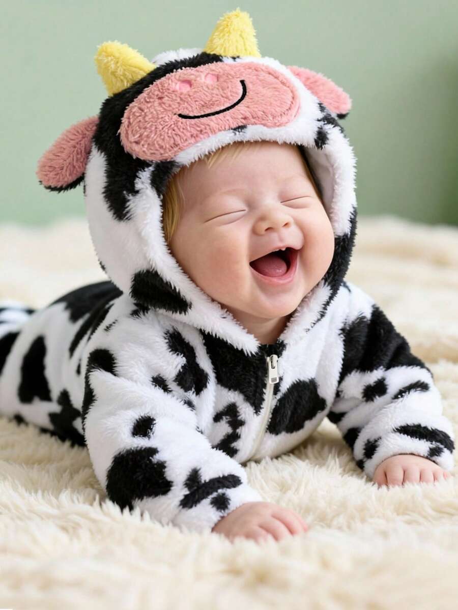 SHEIN 男婴奶牛服装套装，保暖连帽连体衣，可爱奶牛图案，舒适百搭，适合室内、室外、日常穿着、运动、玩耍、派对、圣诞节、秋冬季节。婴儿农场服装，男女通用婴儿服装，西部奶牛婴儿服装，新生儿服装。 - 黑與白 - 查看 1