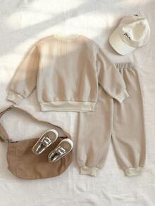 PrepCrw 2pcs/Set Boys' Collegiate Style Letter Print Long Sleeve Sweatshirt And Sweatpants Set - Khaki - View 2