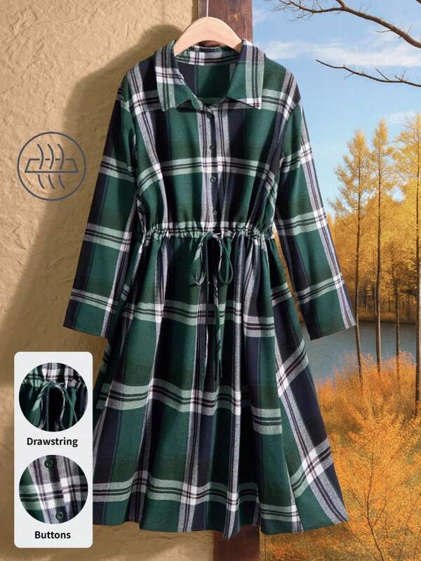 Rusticease Plus Size Women Plaid Long Sleeve Single-Breasted Drawstring Waist Casual Shirt Dress Fall Clothes For Women  Winter Clothes Country Style For Women Country Outfits For Women Country Concert Outfit Winter Clothes For Women Cozy Fall And Winter Clothes For Women Christmas Party Dress