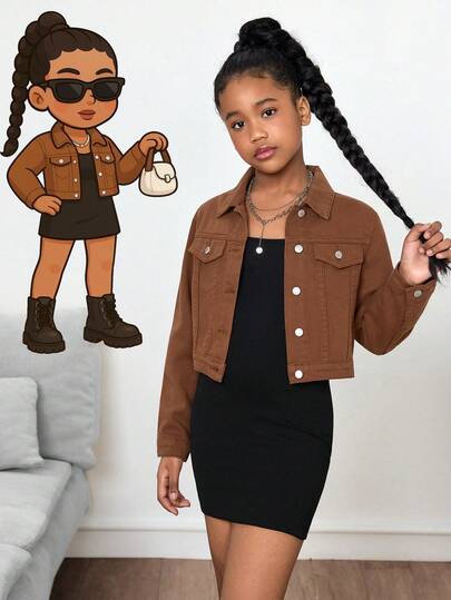 SHEIN Veste en jean ample et décontractée pour préadolescentes, avec poches et patchs, en jean lavé marron. Veste en jean ample et décontractée pour l'automne et l'hiver, pour les préadolescentes. Jean ample pour préadolescentes, pour l'aéroport, pantalon large, streetwear, veste en jean amusante, pour la rentrée scolaire, pour une fête élégante, tenues de rentrée scolaire, tenues de Noël pour préadolescentes