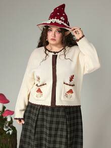 ROMWE Fairycore Plus Size Fariycore Mushroom, Maple Leaf, Plant Embroidery Contrast Color Beige Knit Cardigan, Elegant Mori Style Plus Size Women Sweater Top, Autumn/Winter - Multicolor - View 3