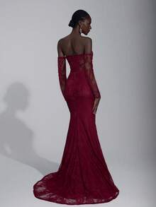 Elitara 优雅奢华的弹力蕾丝露肩无肩带连衣裙，配有可拆卸的薄纱袖子、荷叶边下摆和性感开衩，适合婚礼、派对、度假、晚宴、正式活动、情人节等场合。 - 紫紅色 - 查看 2