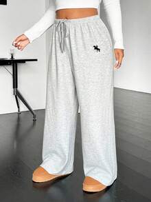 SHEIN EZwear 大码女式灰色休闲抽绳腰运动裤，秋冬，女式秋季服装阔腿运动裤女式运动裤舒适裤休闲裤灰色运动裤女式 - 灰色 - 查看 4