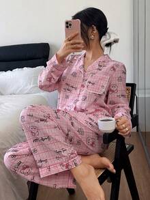 SHEIN 女士两件套睡衣，长袖上衣和长裤，粉色格子印花，饰有兔子和纸杯蛋糕图案，可爱休闲家居服，秋冬服装 - 彩色 - 查看 1
