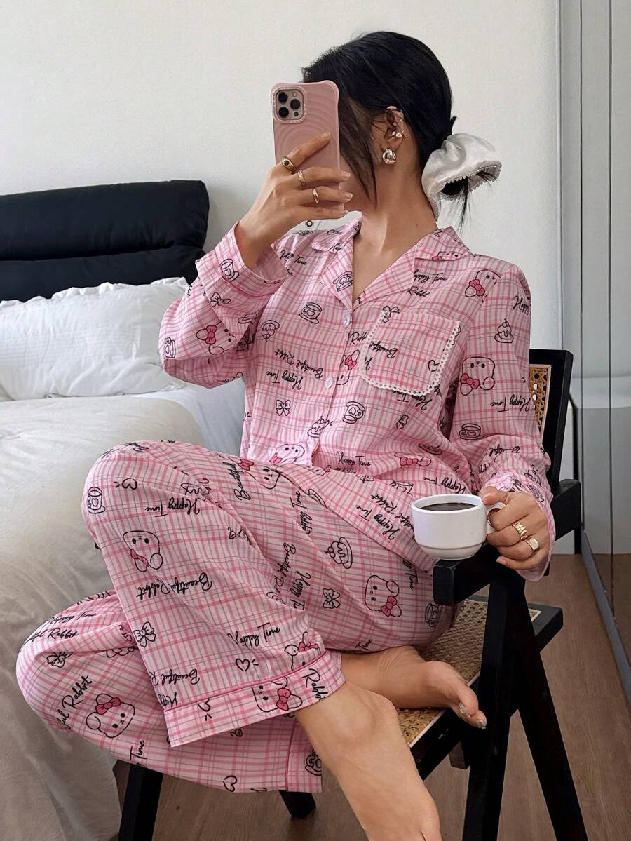 SHEIN 女士两件套睡衣，长袖上衣和长裤，粉色格子印花，饰有兔子和纸杯蛋糕图案，可爱休闲家居服，秋冬服装 - 彩色 - 查看 1