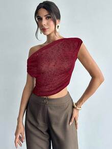 Firerie 女士优雅浪漫约会度假休闲通勤百搭亮片提花纹理不对称领修身衬衫，夏季 - 酒紅色 - 查看 8