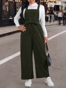 EMERY ROSE Plus Size Women's Solid Color Tie Strap Jumpsuit, Autumn/Winter