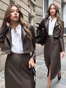 Pariaura Women's Fashion Commuter Jacket And Skirt 2 Pieces Set - Chocolate Brown - View 7