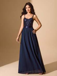 Vestido de malla con contraste de lentejuelas y cintura ceñida, adecuado para bodas, galas, actuaciones, fiestas de cumpleaños, Navidad para adolescentes - Azul Marino - Ver 3